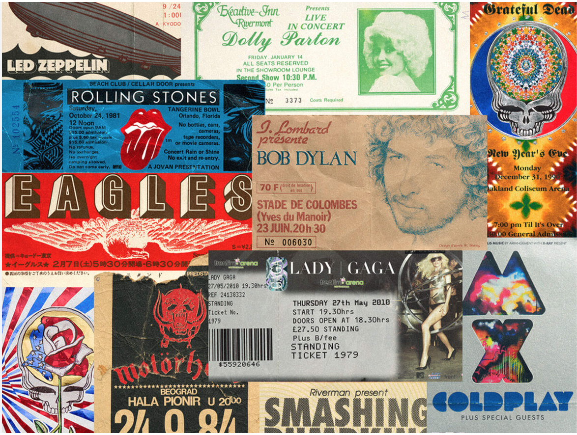 A collage of classic concert tickets from Led Zeppelin, Rolling Stones, Bob Dylan and more