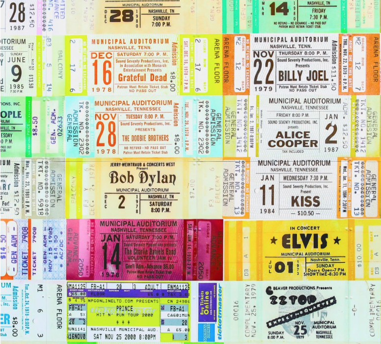 A wall of vintage Nashville Municipal Auditorium concert ticket stubs