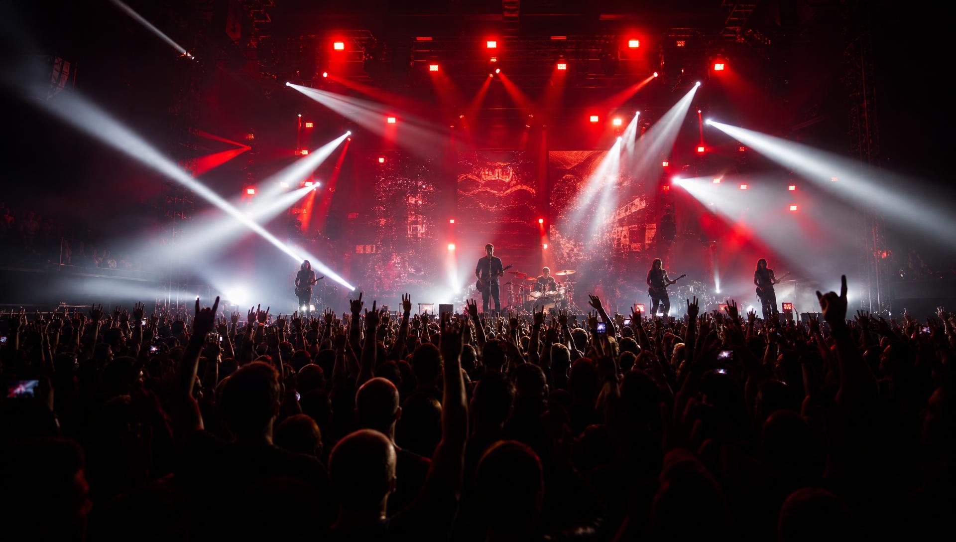 Live concert crowd with red stage lights